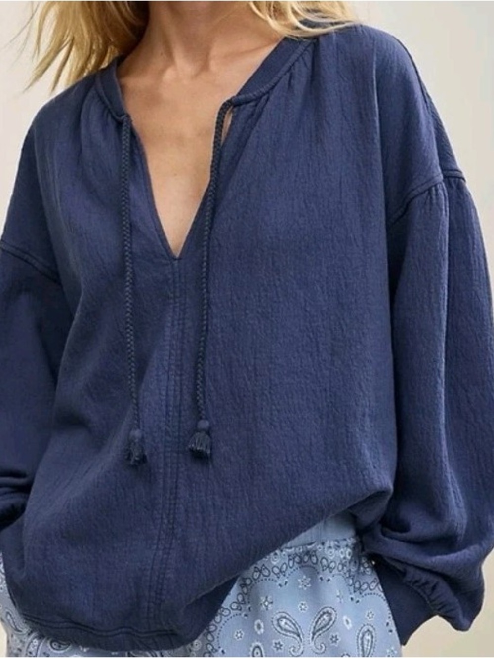 aerie Navy Blue Peasant Tie-Neck Top